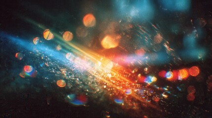 Light leak overlay with bokeh effect and noisy texture on black background, grunge old analog film background, colorful lights, high quality