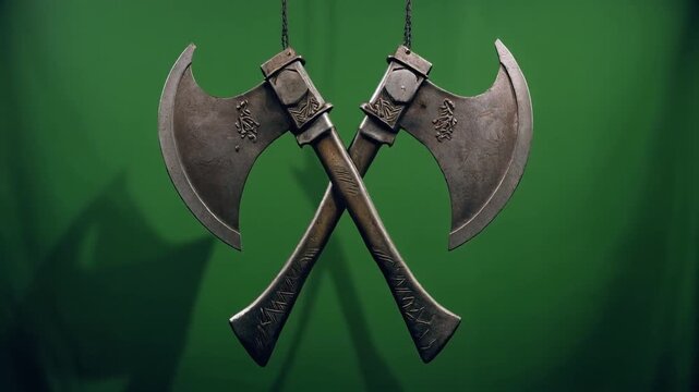 Hyper-realistic crossed double-headed axes hanging on green screen
