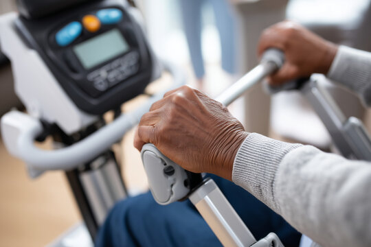 caregiver using robotic lifting aid to assist elderly person, hands operating console, compassionate mood, close-up, 