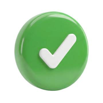 3d illustration of glossy 3d green circle with white check mark isolated on transparent background