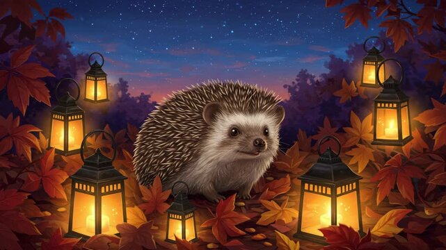 A tranquil nighttime scene featuring cute hedgehogs amidst glowing lanterns and colorful autumn foliage under a starry sky, creating a cozy woodland atmosphere.