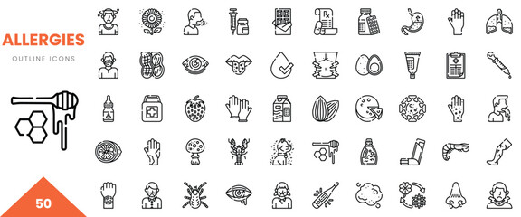 A collection of 50 allergy-related outline icons, featuring diverse medical and environmental themes.