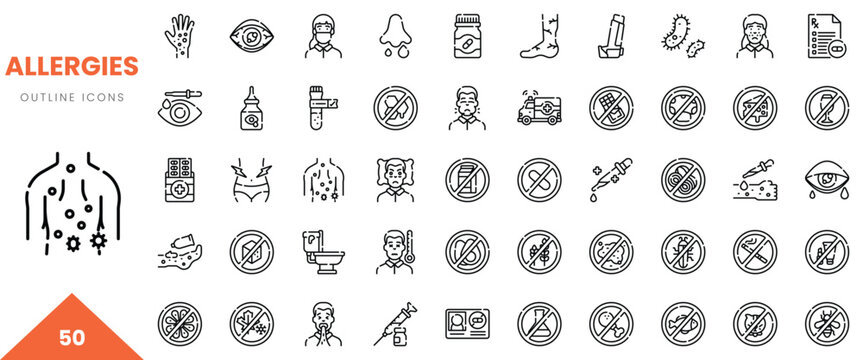 Collection of allergy-related outline icons illustrating various symptoms and treatments.
