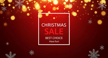 Festive red background with blurred golden lights and snowflake outline, showcasing a Christmas sale announcement with free space for other text