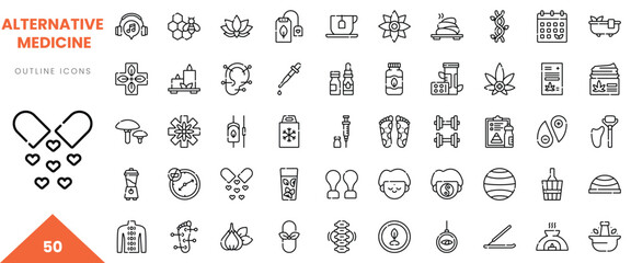 Collection of alternative medicine outline icons featuring herbs and wellness symbols.