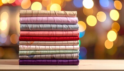 Stack of colorful folded fabrics on table with blurred textile shop background and warm ambient lighting
