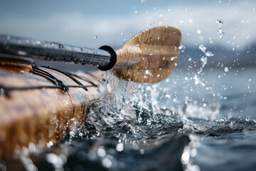 close-up of kayakers paddle cutting through water, droplets splashing, reflections,