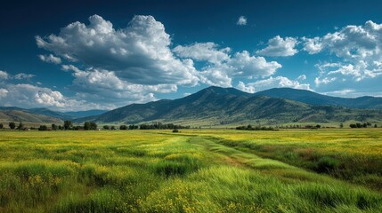 Lone tree in a field of yellow wildflowers under a blue sky filled with fluffy white clouds