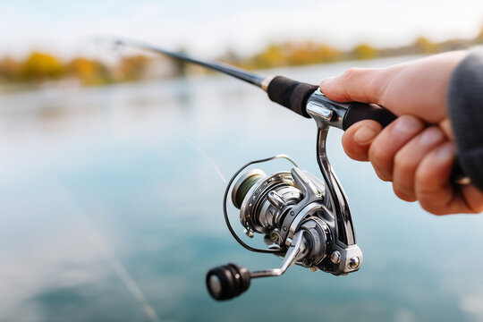 close-up fishing rod reel turning, fingers adjusting line, soft lake background, 