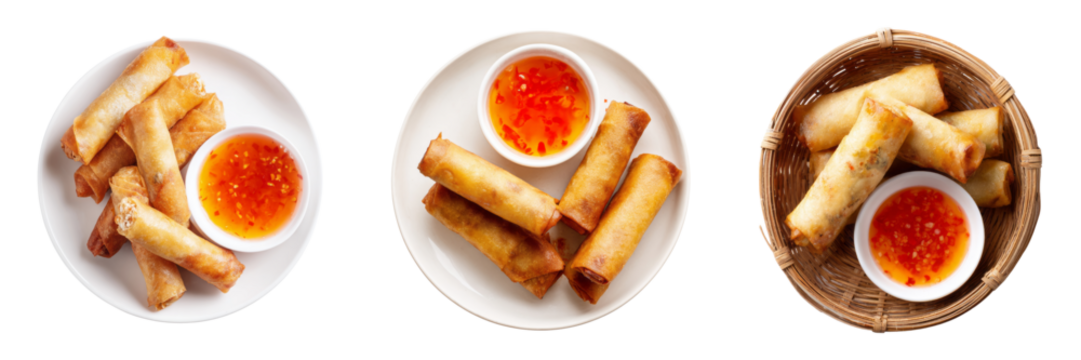 Crispy spring rolls with dipping sauce kitchen table food photography transparent background - Powered by Adobe