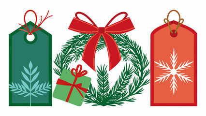 Christmas gift tags and wreath with red bow and snowflake design