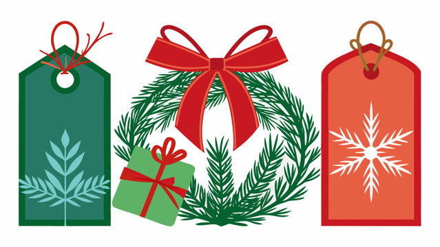 Christmas gift tags and wreath with red bow and snowflake design
