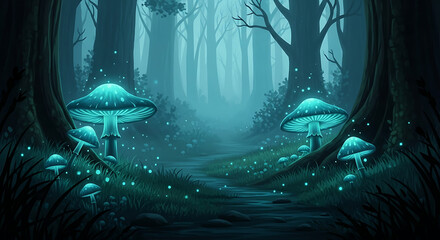 Mystical forest pathway illuminated by magical glowing mushrooms