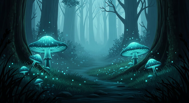 Mystical forest pathway illuminated by magical glowing mushrooms