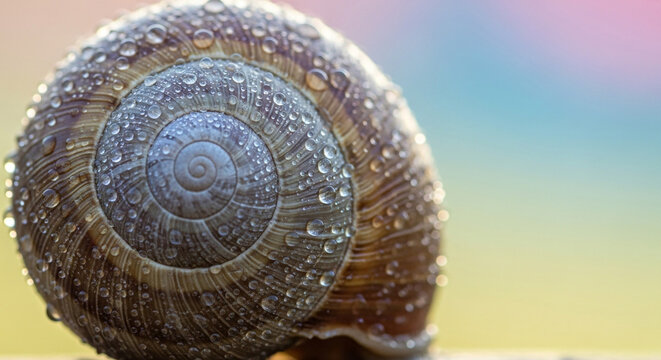 Stunning close-up of a snail shell glistening with dew drops, capturing nature's intricate spiral patterns and delicate beauty on a soft, colorful background
