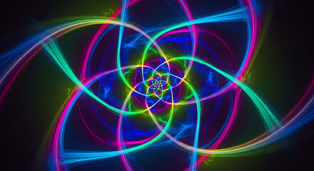 Vibrant neon light streaks create a swirling fractal pattern abstract art
