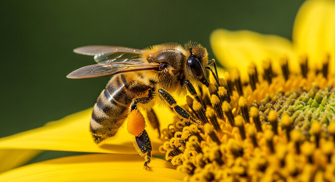 Honeybee gathering pollen from vibrant yellow sunflower in bright sunlight, showcasing nature's beauty and the importance of pollination for the ecosystem - Powered by Adobe