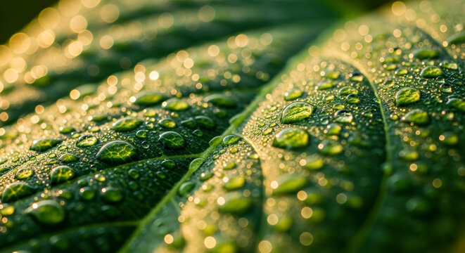 Stunning macro shot of dew drops glistening on vibrant green leaf in warm morning light, evoking fresh nature and tranquil beauty for wellness concepts