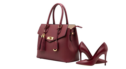 Elegant burgundy leather handbag and matching high heel shoe set isolated on transparent background