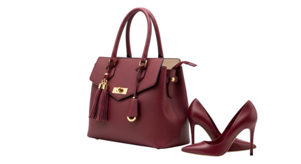 Elegant burgundy leather handbag and matching high heel shoe set isolated on transparent background