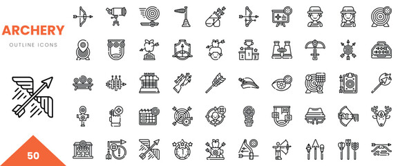 Obraz premium A diverse collection of 50 outline icons related to archery in a modern style.