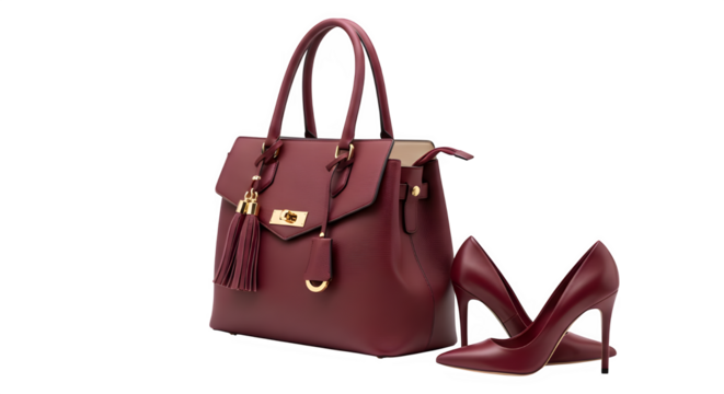 Elegant burgundy leather handbag and matching high heel shoe set isolated on transparent background