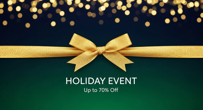 Golden ribbon with a bow on gradient background and golden bokeh lights, representative of gift, celebration, festivity, or special offer, free space