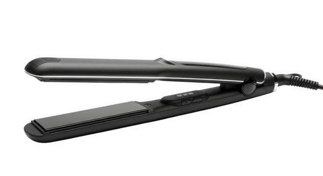 Professional black hair straightener iron with ceramic plates for sleek styling isolated on transparent background