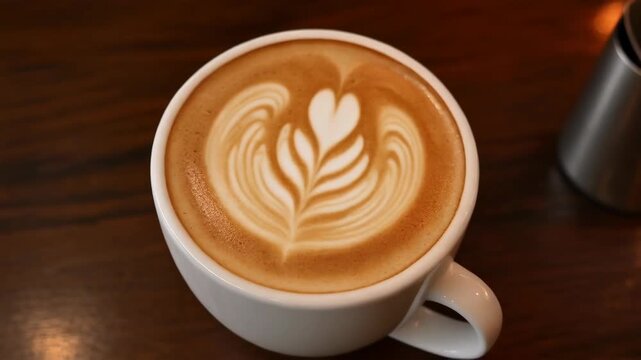 Coffee cup with latte art design sitting on a wooden table surface close-up