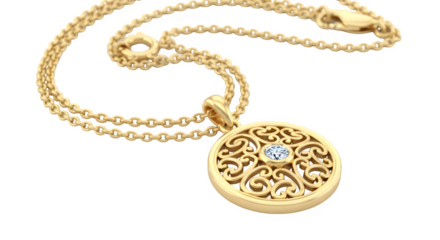Elegant gold filigree pendant necklace with a single diamond centerpiece isolated on transparent background