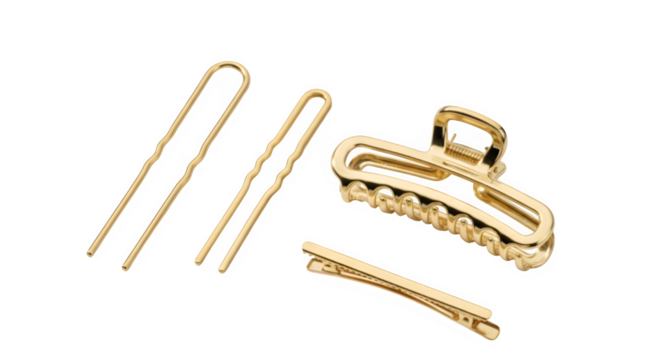 Collection of gold colored hair accessories including bobby pins and a claw clip isolated on transparent background
