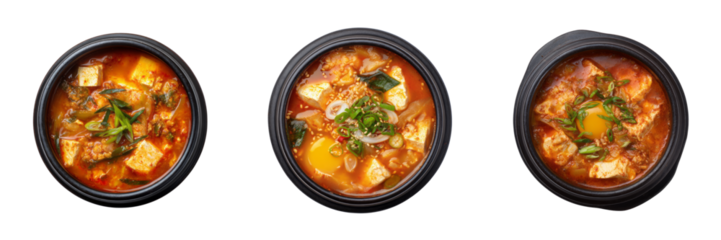 Delicious korean stews in black bowls transparent background food photography culinary delight