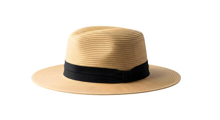 Classic straw boater hat with black ribbon band isolated on transparent background