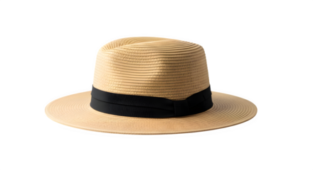 Classic straw boater hat with black ribbon band isolated on transparent background