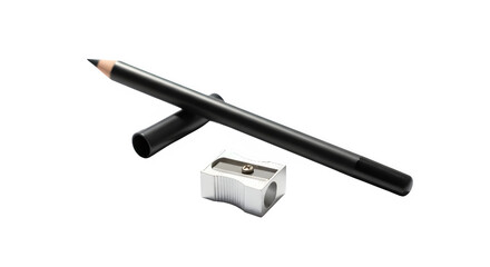A dark brown eyeliner pencil with its cap and a small white pencil sharpener isolated on transparent background