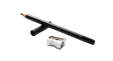 A dark brown eyeliner pencil with its cap and a small white pencil sharpener isolated on transparent background