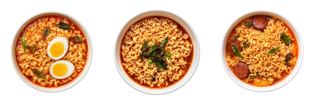 Delicious ramen bowls with eggs and greens culinary art transparent background top view