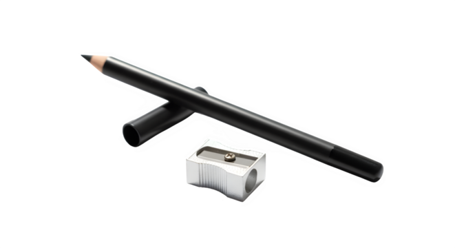 A dark brown eyeliner pencil with its cap and a small white pencil sharpener isolated on transparent background