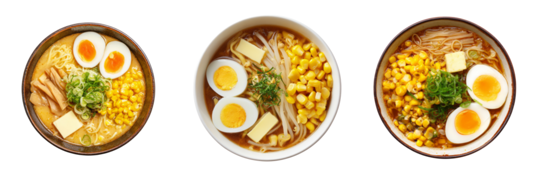Delicious ramen bowls japan food photography transparent background aerial view culinary art