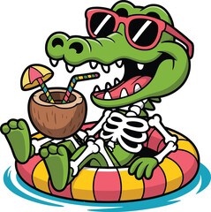 Alligator wearing sunglasses drinks coconut cocktail on inflatable ring