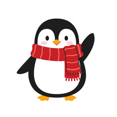 Cartoon penguin wearing a red striped scarf waving with a cheerful expression