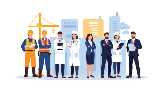 Diverse group of professionals including construction workers doctors and business people standing together representing various industries. - Powered by Adobe