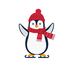 Cartoon penguin wearing a red hat and scarf with ice skates on its feet