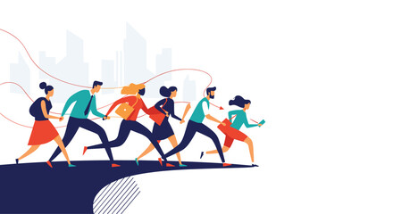 Diverse group of people holding hands and running forward collectively symbolizing progress teamwork and moving towards future goals.