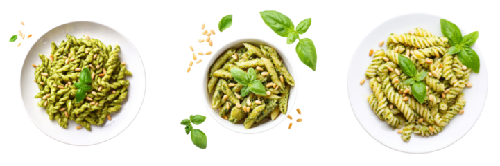 Delicious pesto pasta dish kitchen table food photography close-up transparent background