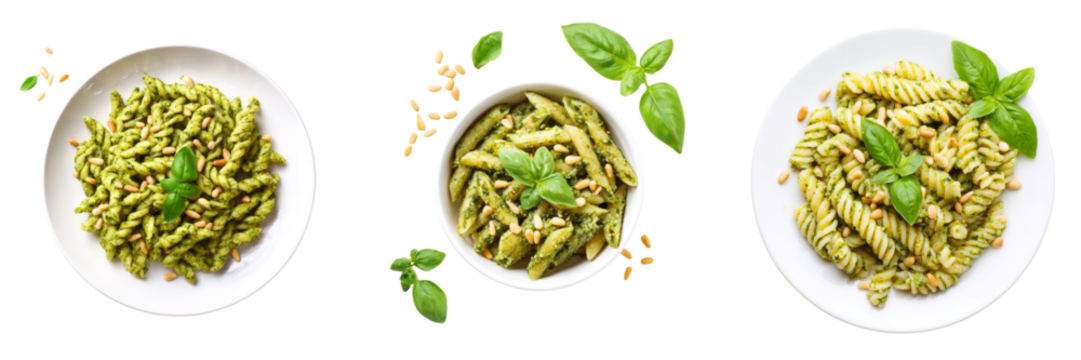 Delicious pesto pasta dish kitchen table food photography close-up transparent background