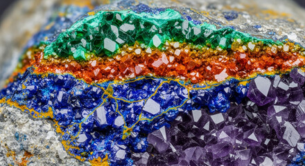 Obraz premium Stunning close-up of colorful crystal formations in vibrant shades of green, orange, blue, and purple creating a unique mineral rainbow pattern