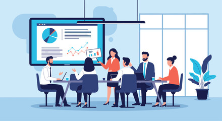 Businesswoman leading a presentation in a modern office meeting room sharing financial data and market insights with her team.