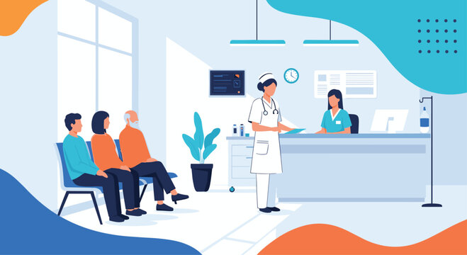 Hospital waiting room or medical clinic reception area with patients seated and dedicated staff providing efficient healthcare service.