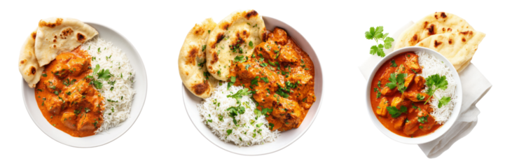 Delicious chicken curry with rice and naan kitchen food photography transparent background